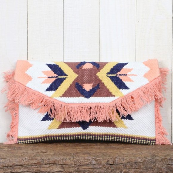 New Fringed Aztec Pink Tote Clutch Purse - Picture 2 of 8